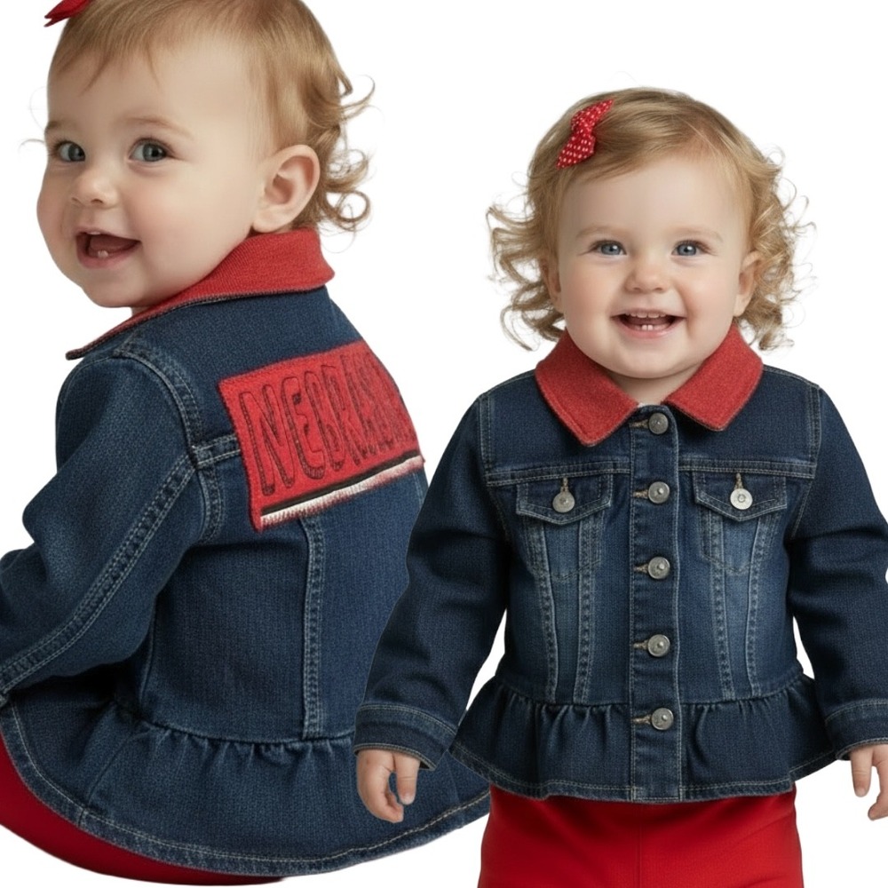 Wonder Nation Nebraska Huskers Girls Denim Jacket Peplum Red‎ Collar 12M Blue